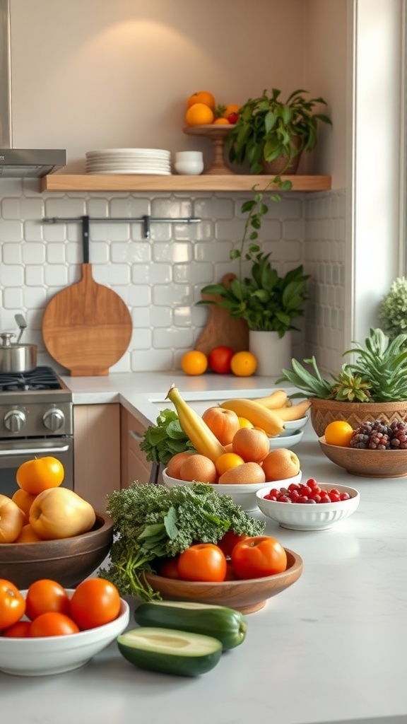 A colorful display of fruits and vegetables in a bright kitchen, featuring bowls of tomatoes, cucumbers, bananas, and herbs.