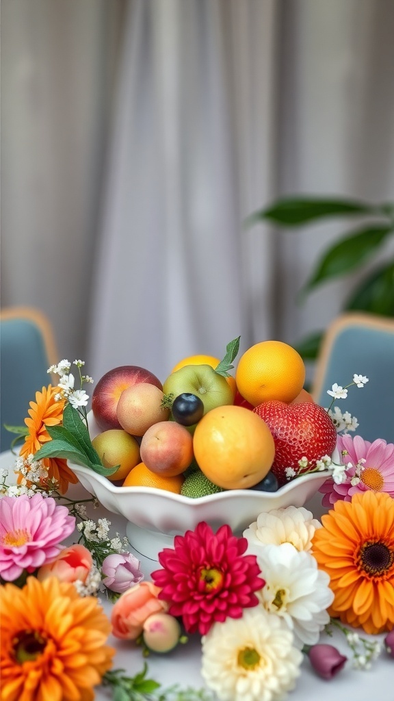 A beautifully arranged fruit bowl filled with colorful fruits and flowers around it.