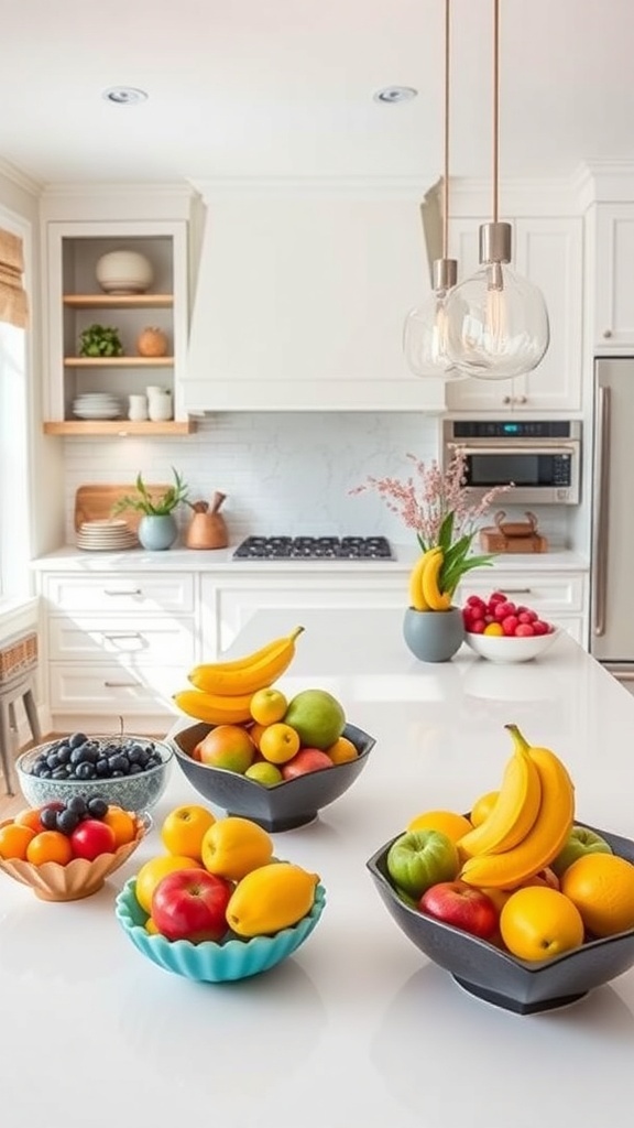 A kitchen island decorated with colorful fruit displays in various bowls.