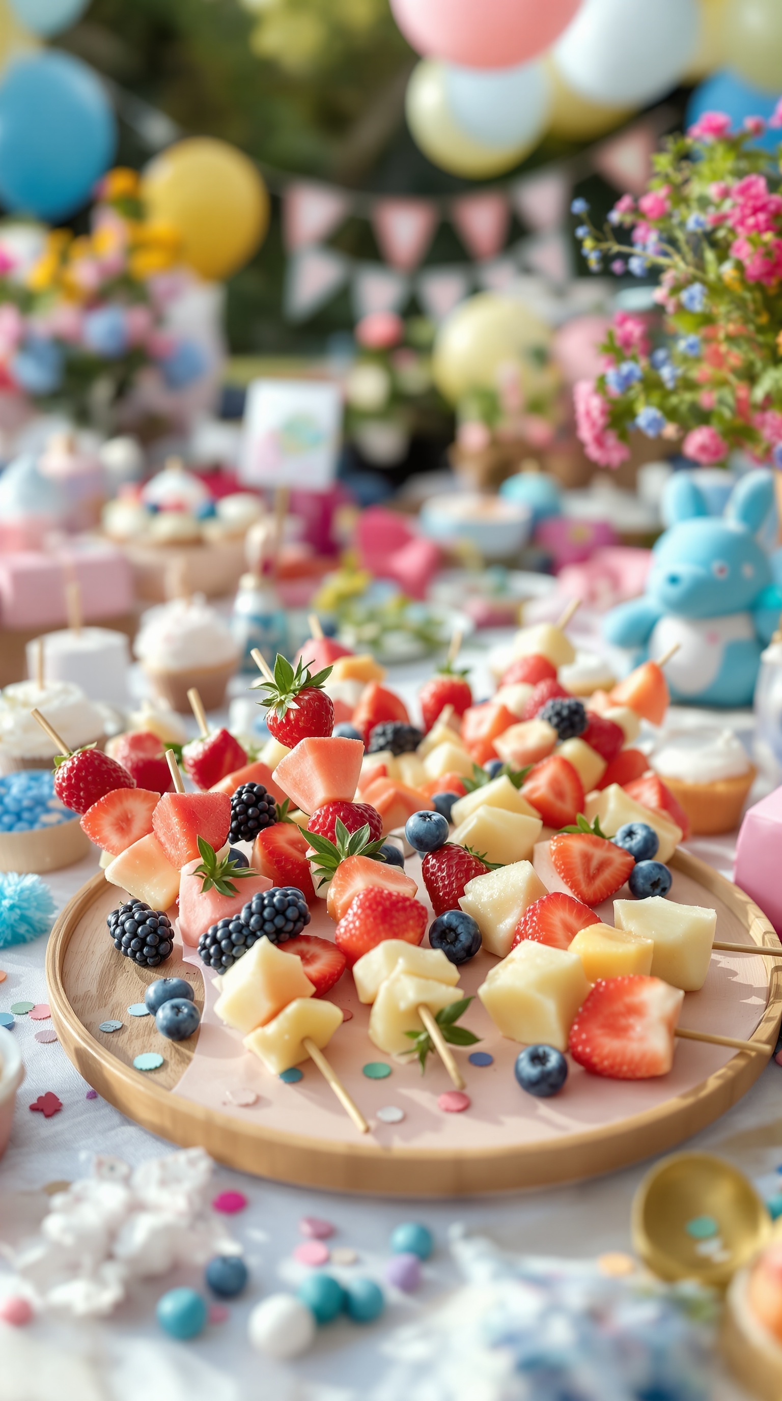 A platter of colorful fruit skewers featuring strawberries, blueberries, watermelon, and pineapple, perfect for a gender reveal party.