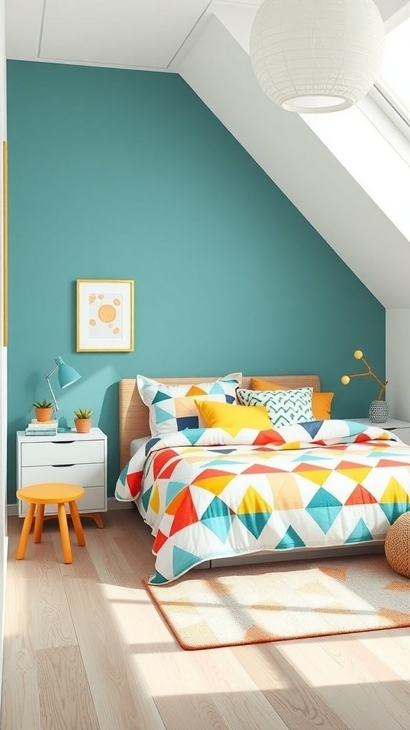 A colorful children's bedroom featuring geometric patterns on bedding and a teal wall.
