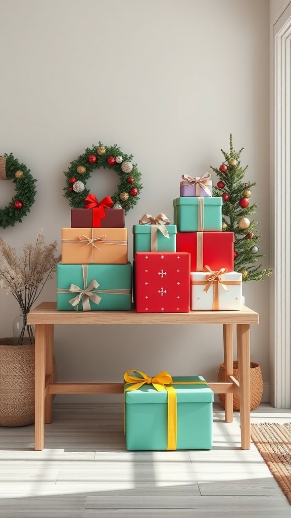 Colorful gift boxes stacked on a table with holiday decor in the background