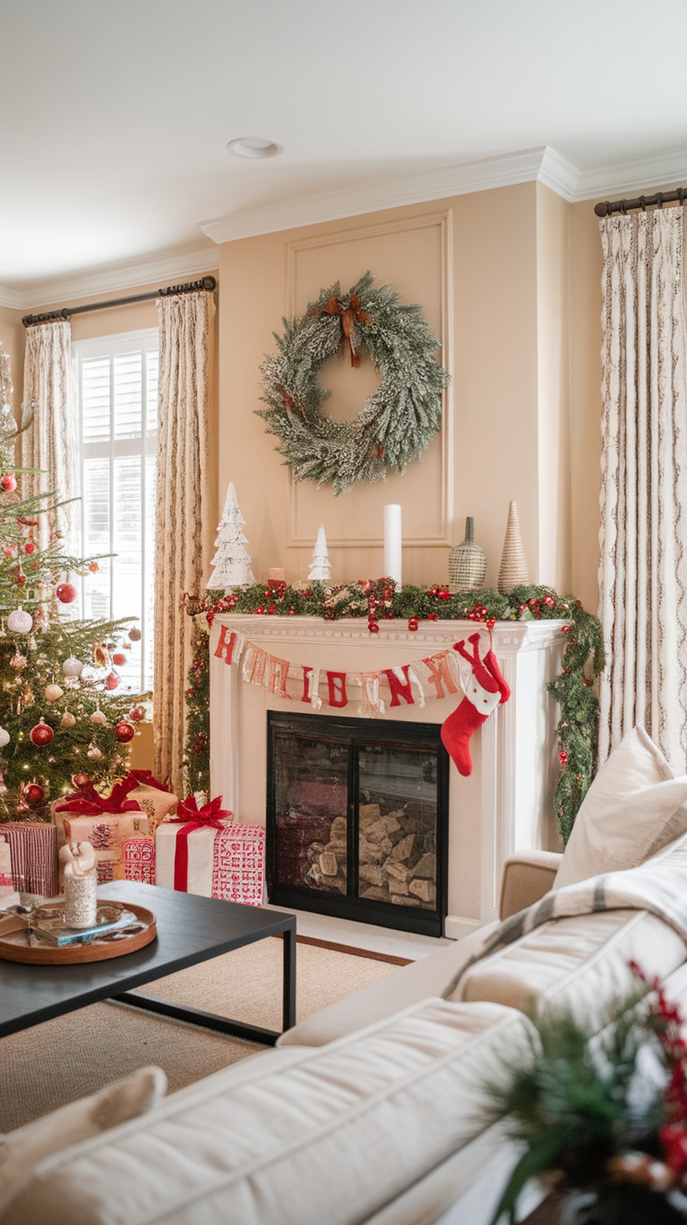 A cozy living room decorated for the holidays with a banner that says 'HOLIDAY' above a fireplace.