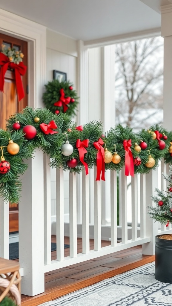 A festive garland with red and gold ornaments draped over a white railing on a porch.