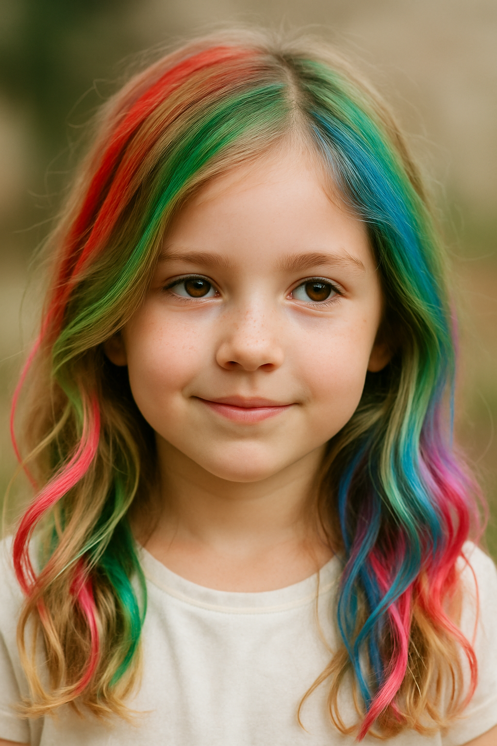A young girl with colorful hair featuring shades of red, green, and blue, showcasing a playful holiday hairstyle.