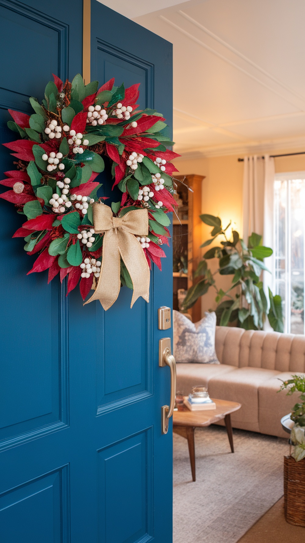 A colorful holiday wreath with red and green leaves and white berries, adorned with a golden bow, hanging on a blue door.