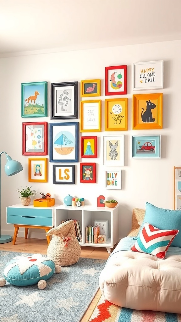 A colorful gallery wall in a kids' room featuring various framed artworks in bright frames, with a cozy couch and playful decor.