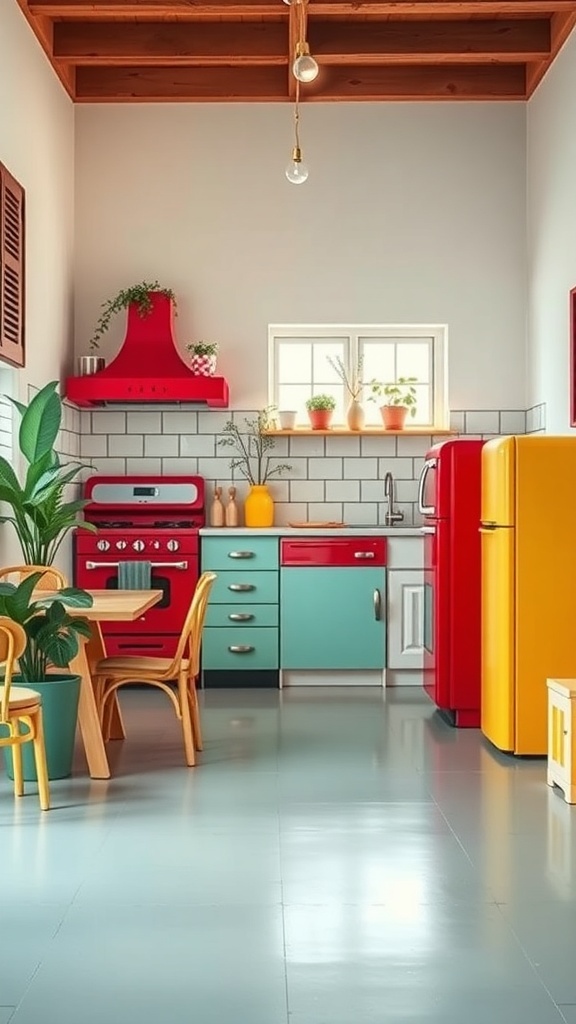 A colorful kitchen featuring red, yellow, and teal appliances with wooden accents.