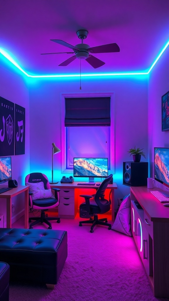 A colorful gaming bedroom with LED lights illuminating the walls and furniture.