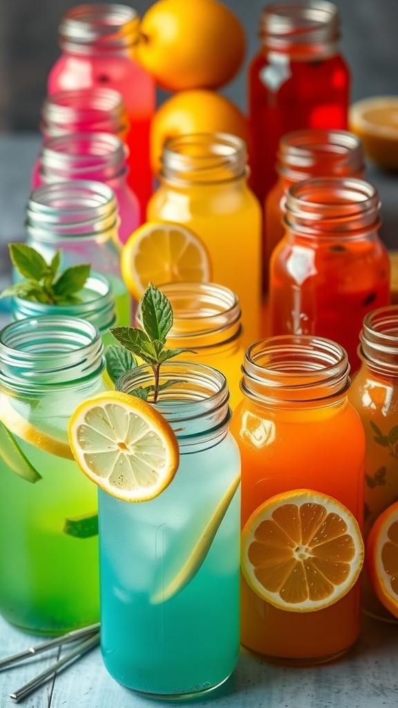 Colorful lemonade display with jars of different flavors and fresh garnishes.