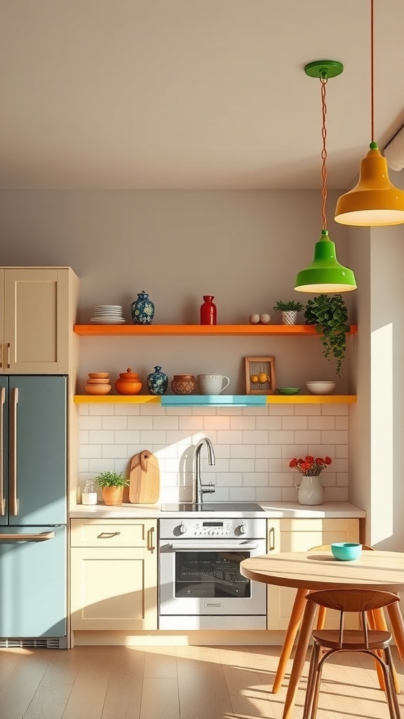 A bright kitchen with colorful pendant lights in green, orange, and yellow, showcasing a lively and inviting atmosphere.
