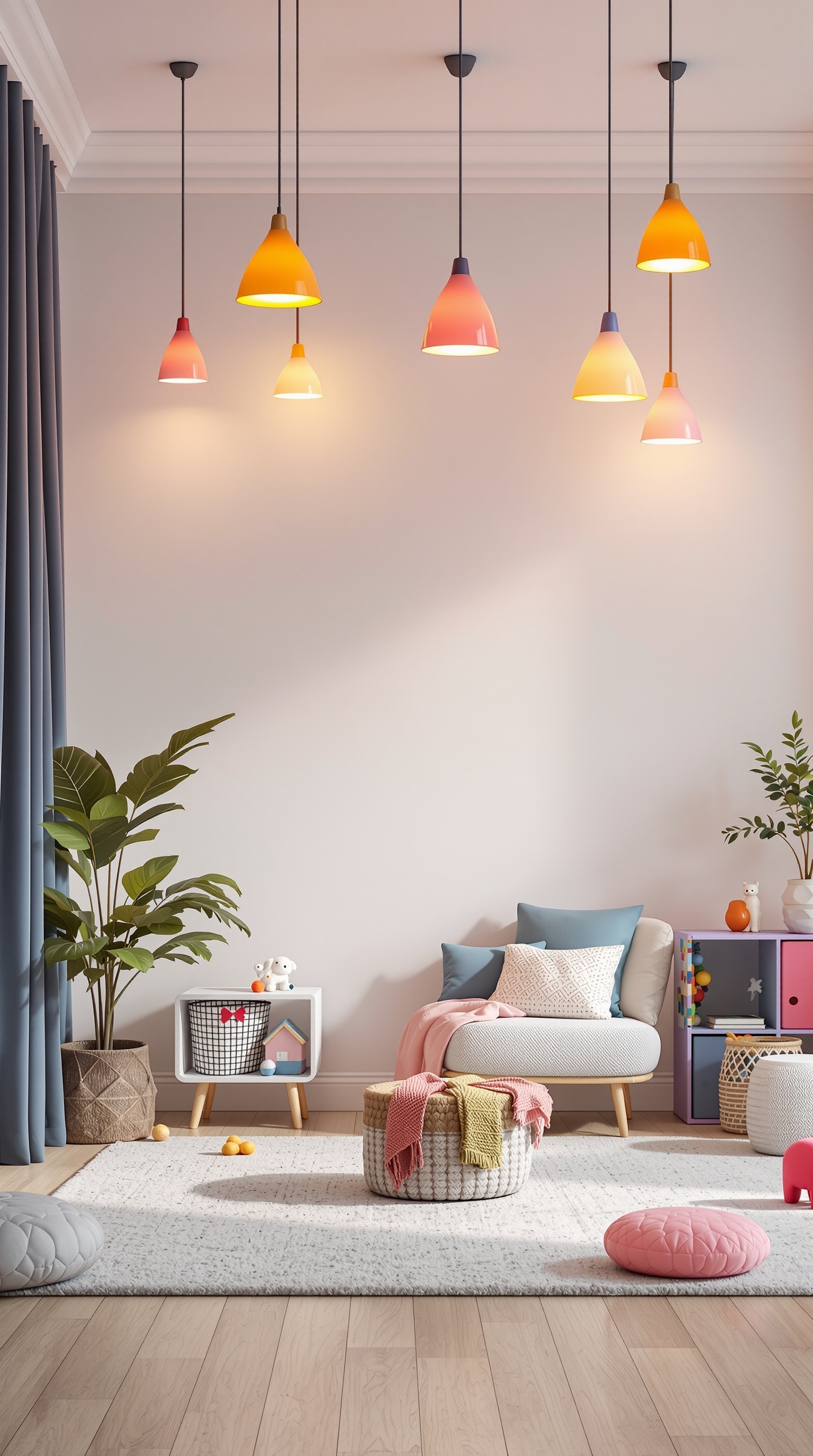 Colorful pendant lights in a kids' room