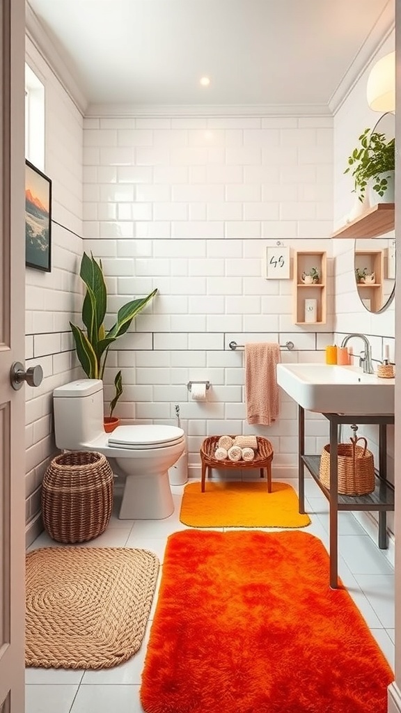 A small bathroom featuring vibrant orange mats, white tiles, and a plant, creating a cozy atmosphere.