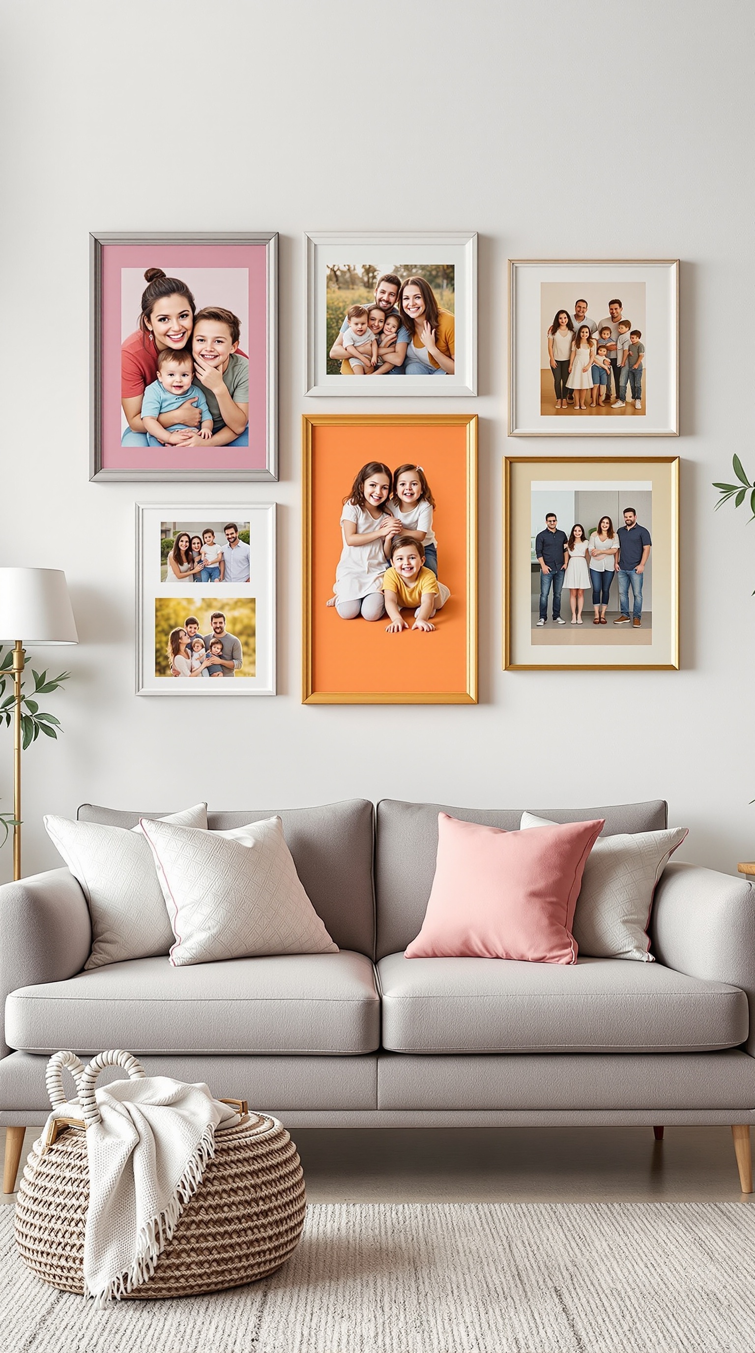 A stylish family photo wall with colorful matting, featuring various family pictures in different frames.