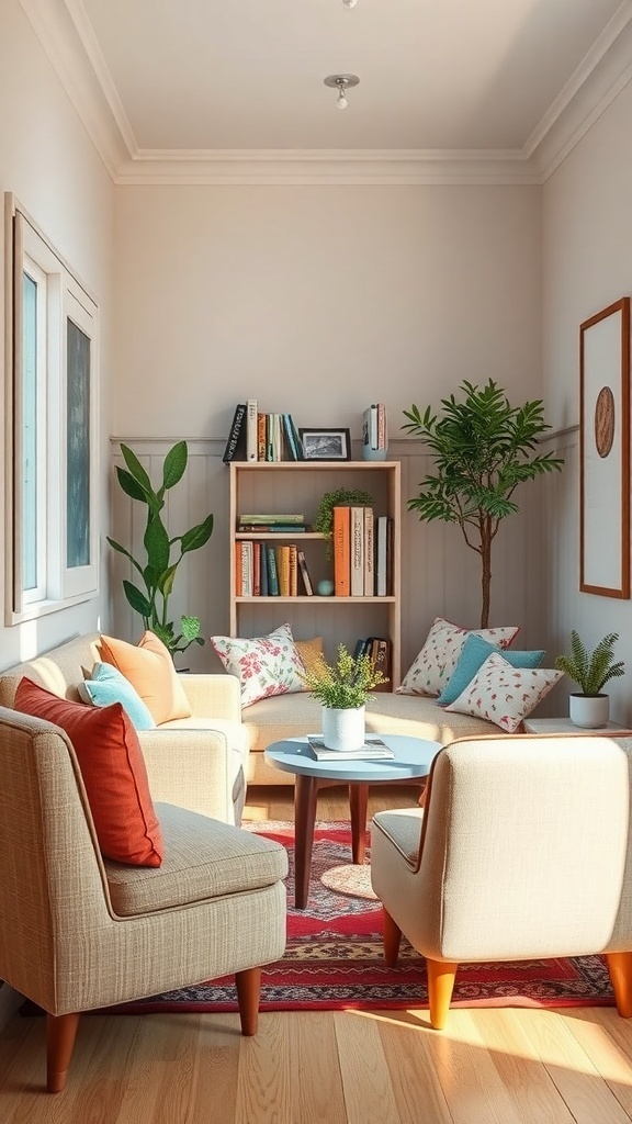 A cozy reading nook with colorful mismatched furniture, including soft chairs with bright cushions, a round coffee table, and a bookshelf filled with books.