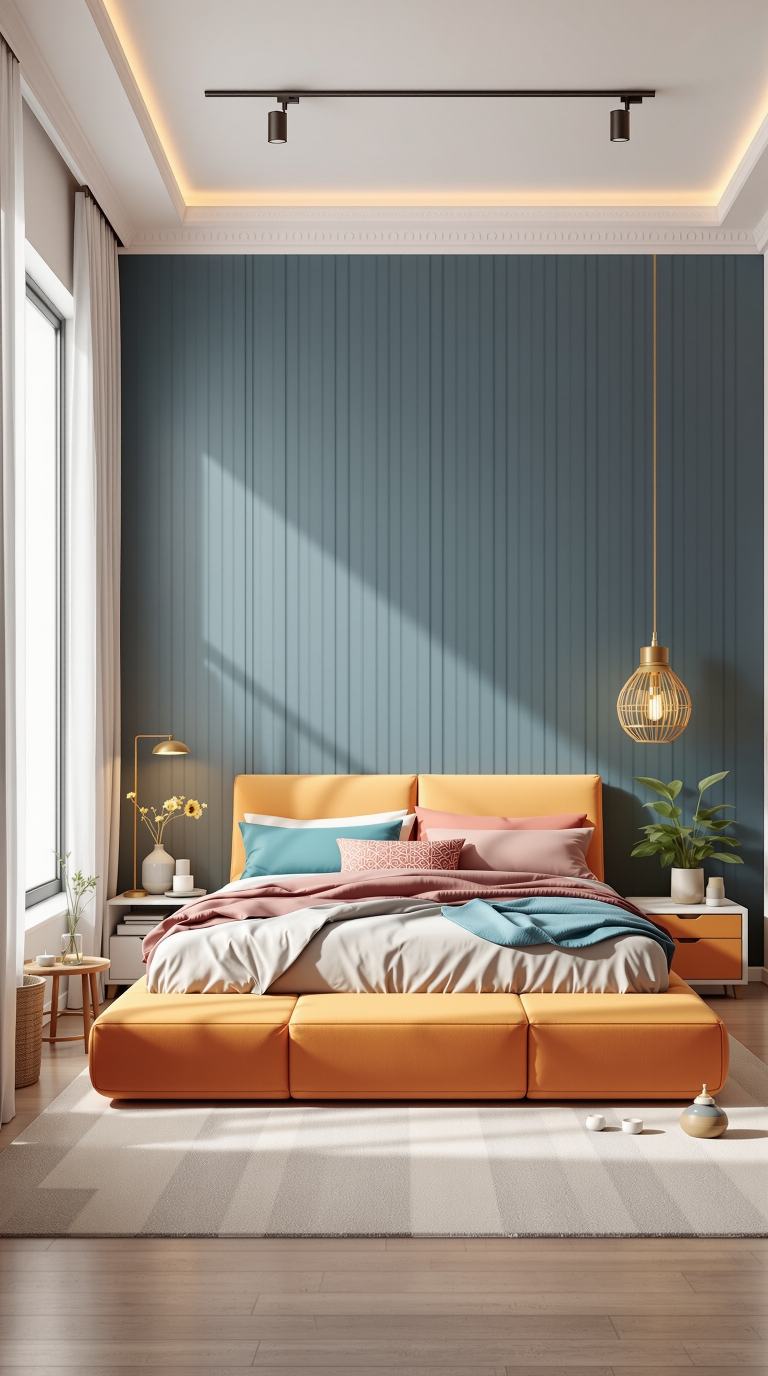 A colorful modular bed design featuring an orange base and various colored cushions in a bright room.