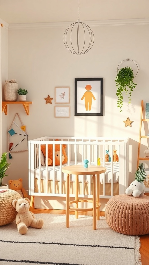 Colorful nursery with a white crib, orange accents, and playful decor
