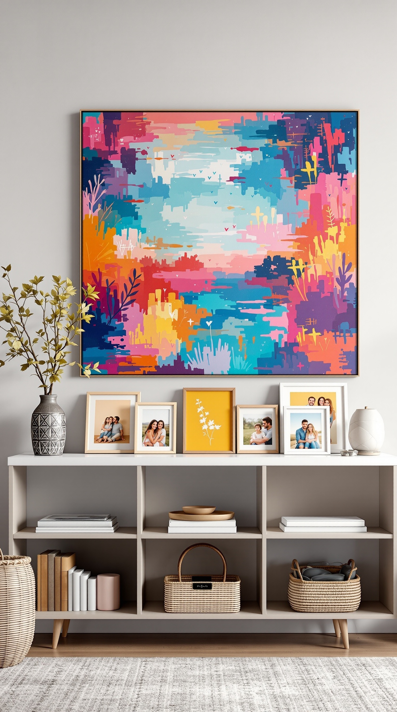A stylish shelf displaying colorful painted canvas frames with family photos and a vibrant canvas painting above.