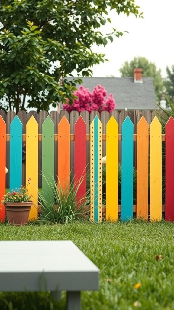 A colorful painted fence with red, yellow, green, and blue panels in a backyard setting.