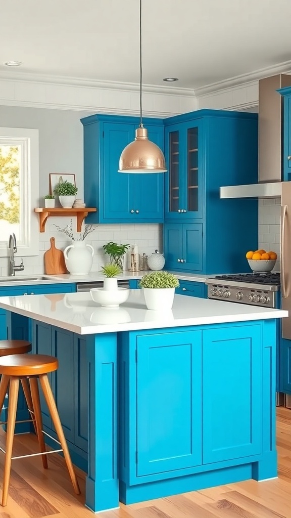 A bright blue kitchen island with a white countertop, complemented by wooden bar stools and decorative plants.