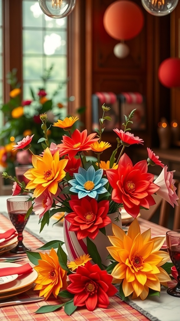 Colorful paper flower arrangements in a vibrant centerpiece.