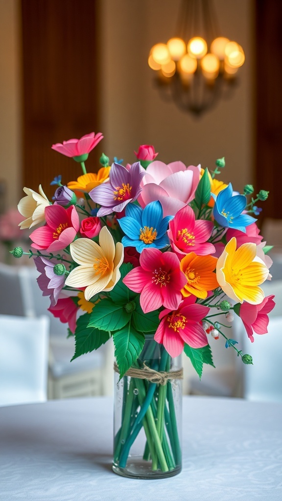 Vibrant paper flower centerpiece arrangement in a clear vase