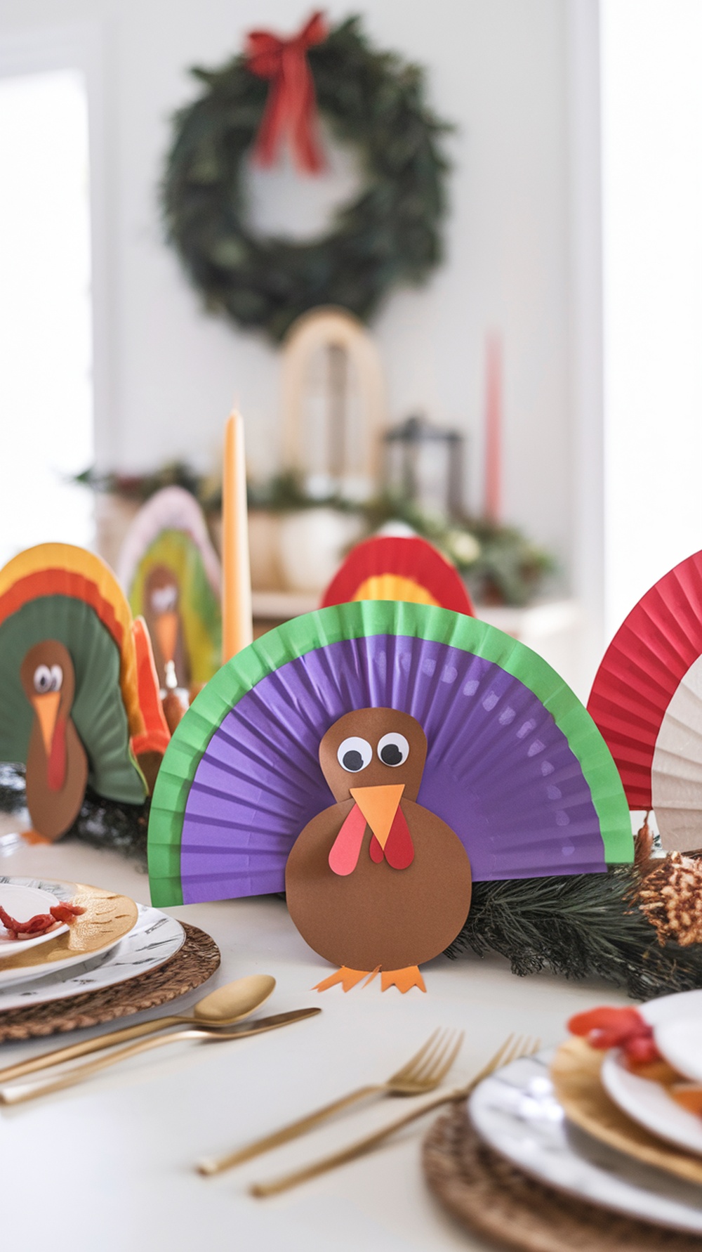 Colorful paper plate turkeys as Thanksgiving centerpieces