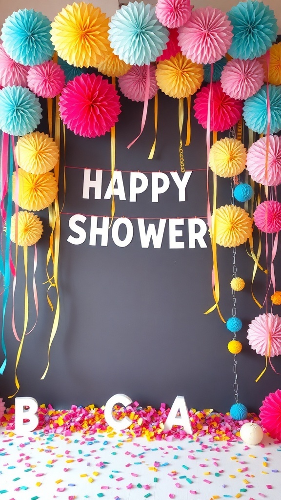 Colorful bridal shower photo backdrop with paper pom poms, streamers, and confetti.