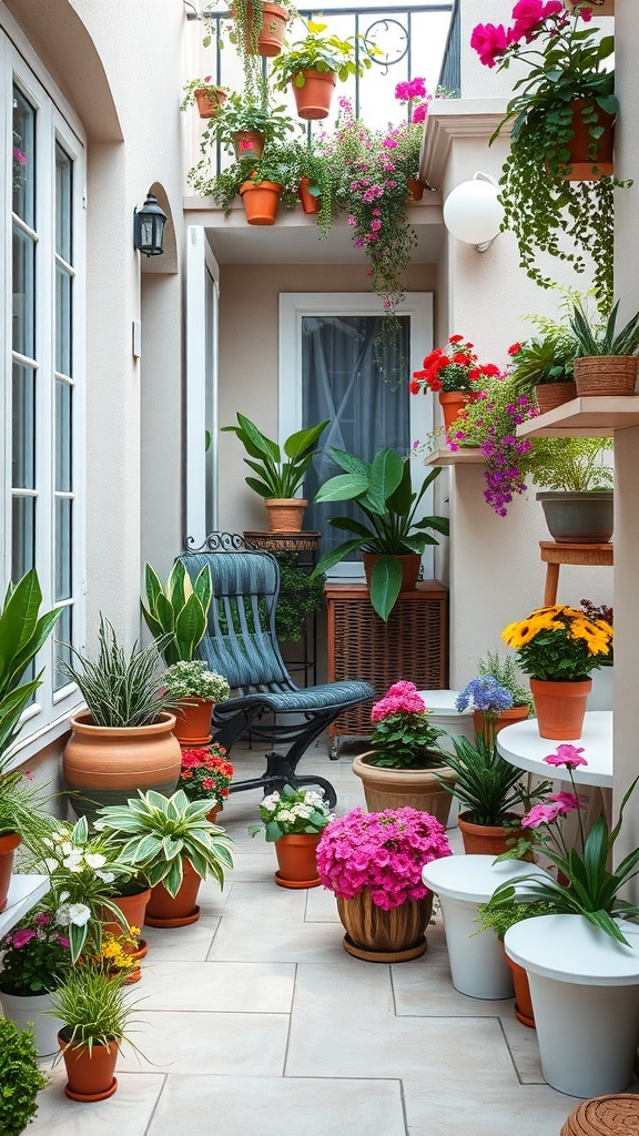 A narrow balcony filled with colorful plants in pots and hanging planters, showcasing a vibrant and inviting space.