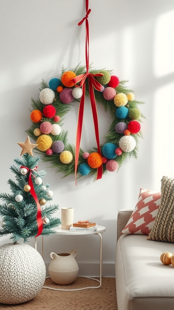 A colorful winter wreath with pom-poms hanging on a wall next to a small decorated Christmas tree.