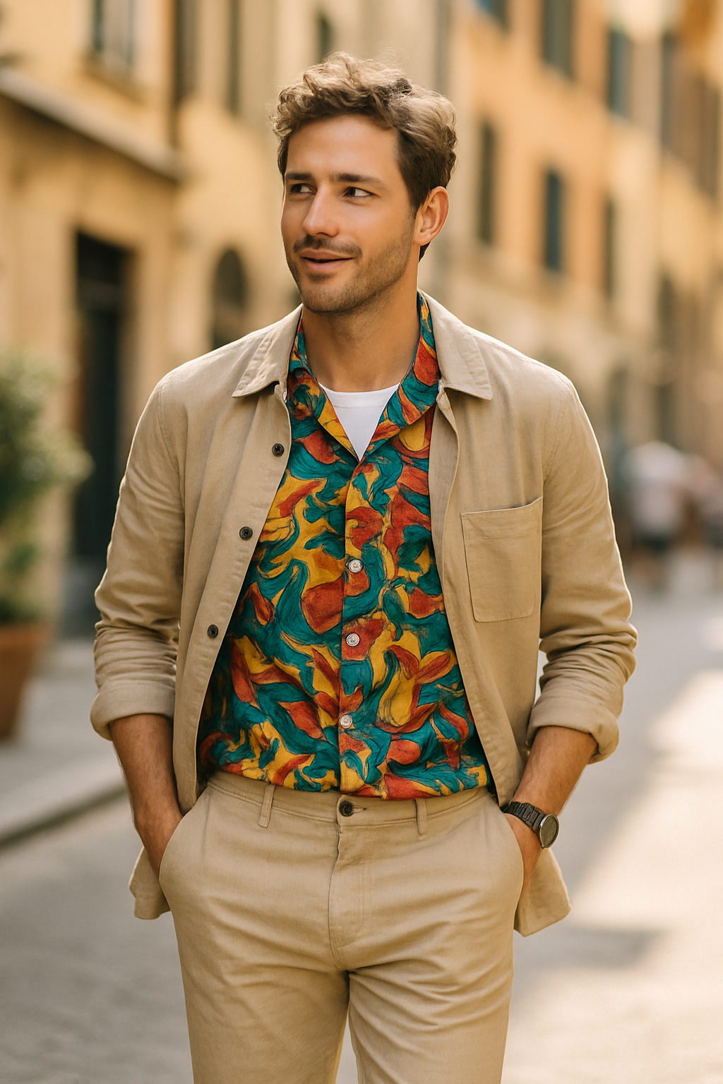 A man wearing a colorful printed shirt and neutral outer layer against an Italian street backdrop.