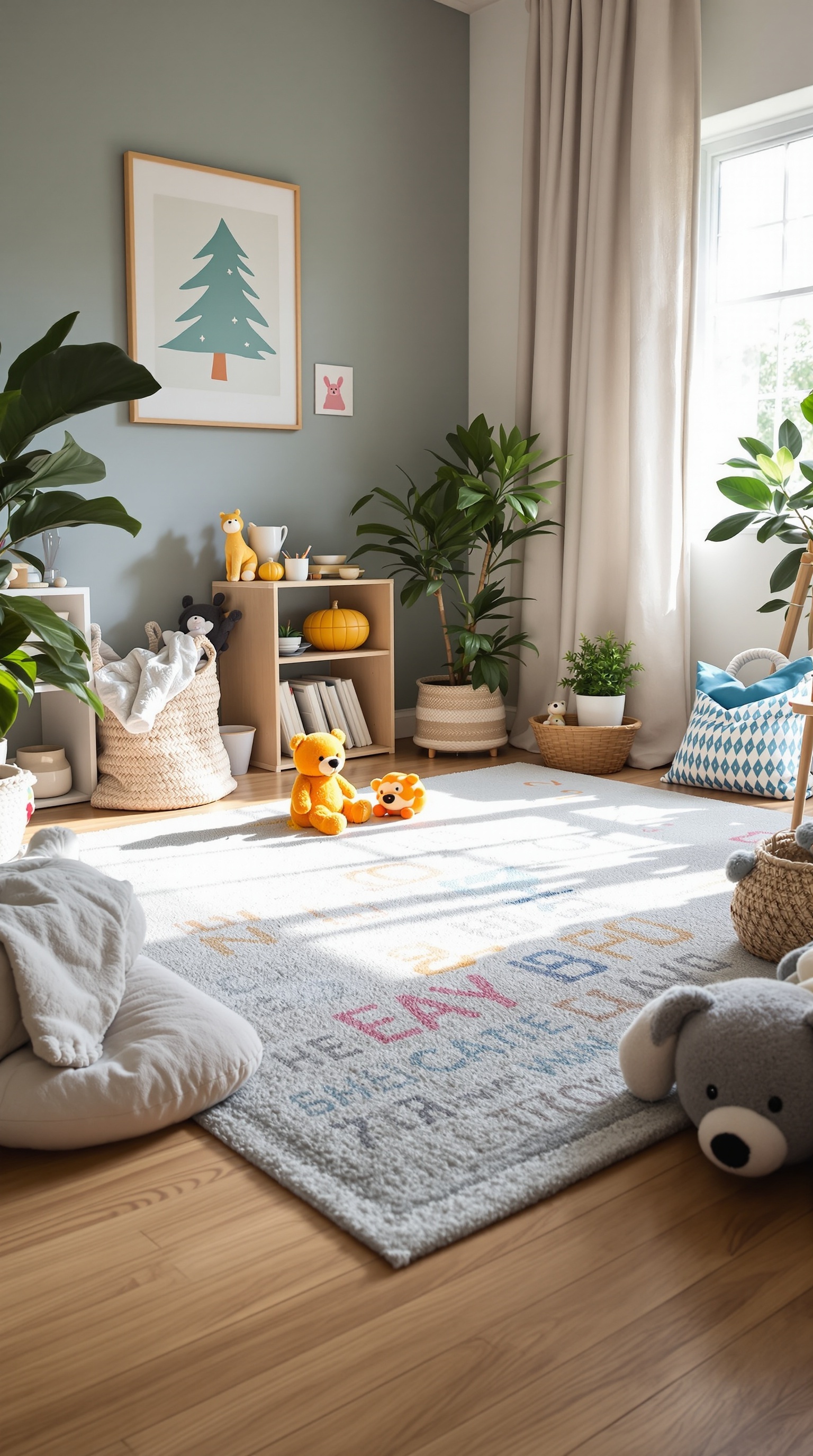 A colorful rug in a toddler room with playful designs and letters, surrounded by toys and plants.