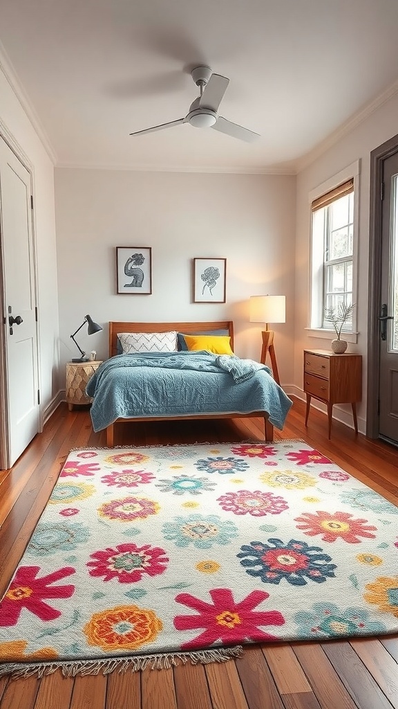 A cozy teen bedroom featuring a colorful floral rug, a bed with a blue blanket, and wooden furniture.