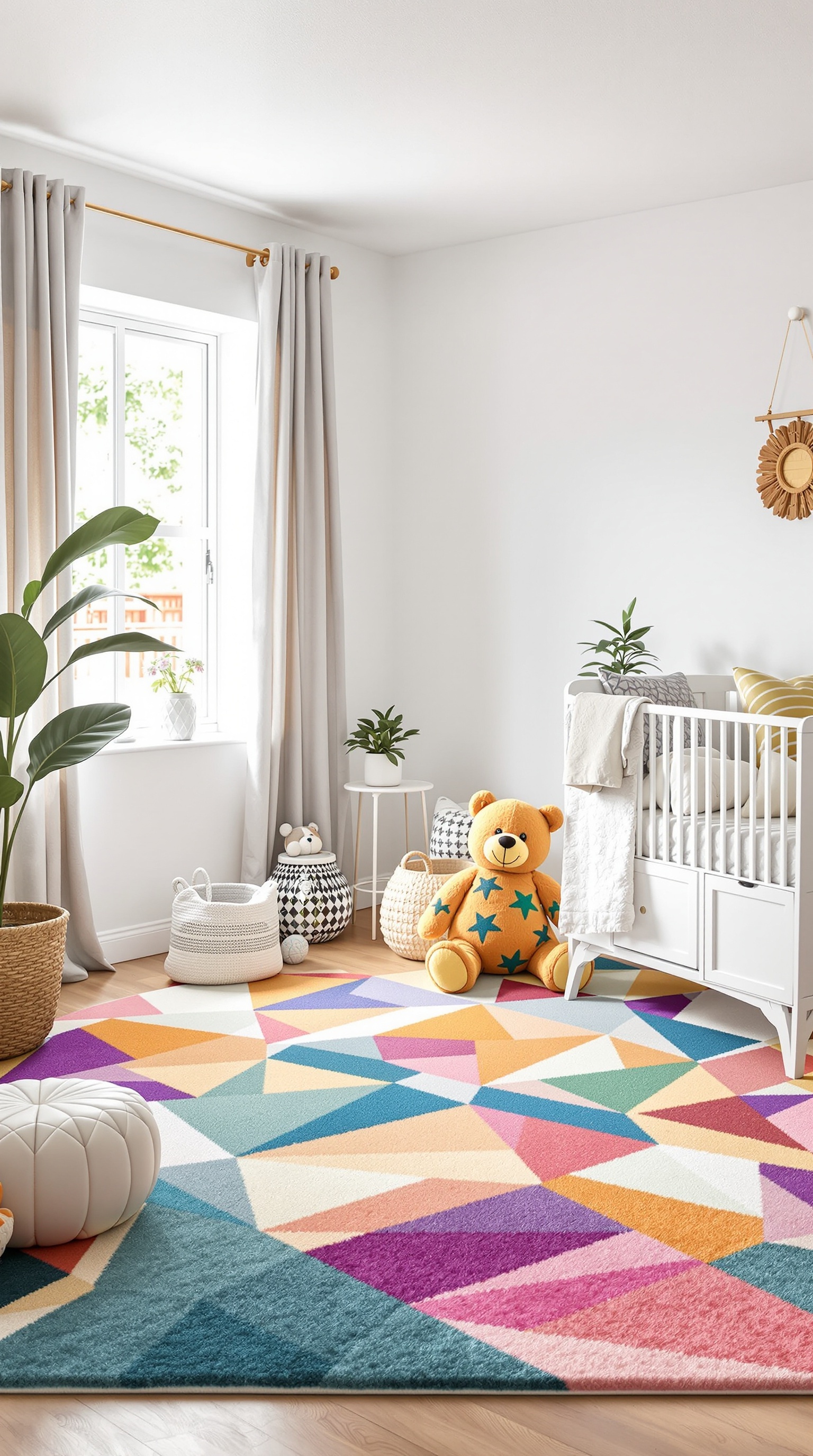 A colorful geometric rug in a baby room with a crib, teddy bear, and plants.