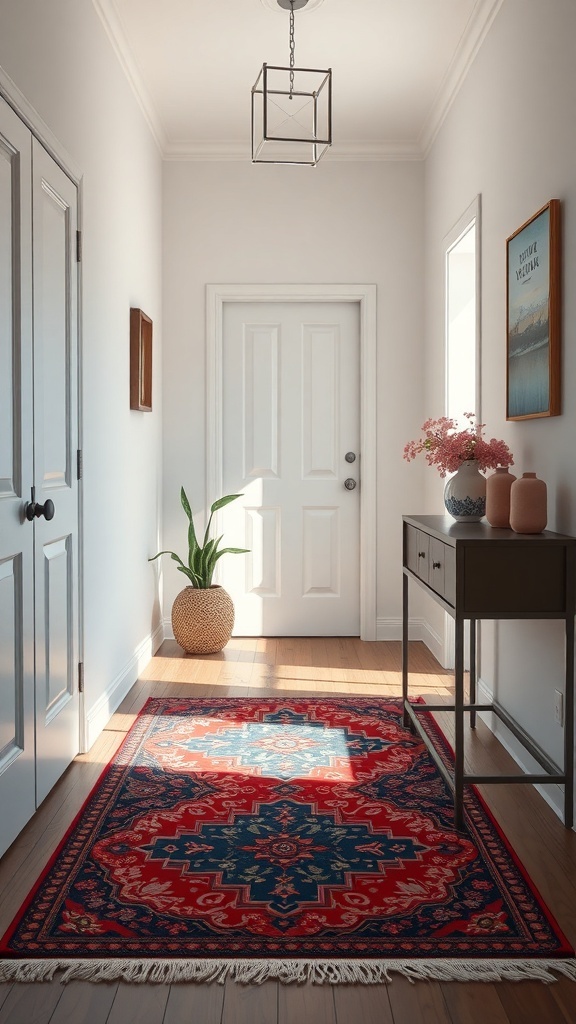 A small entryway featuring a colorful red and blue rug, a plant, and a console table.