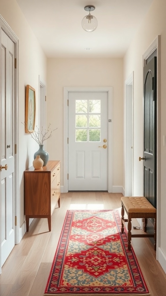 A small hallway with a colorful runner rug, light wood flooring, and neutral walls.