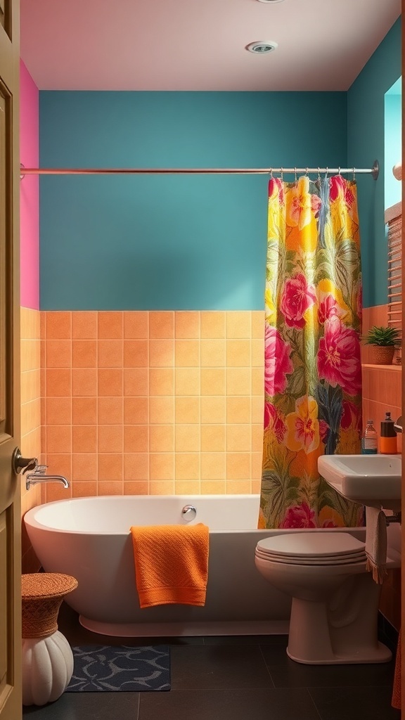 A vibrant bathroom featuring a colorful floral shower curtain, teal walls, and peach tiles.