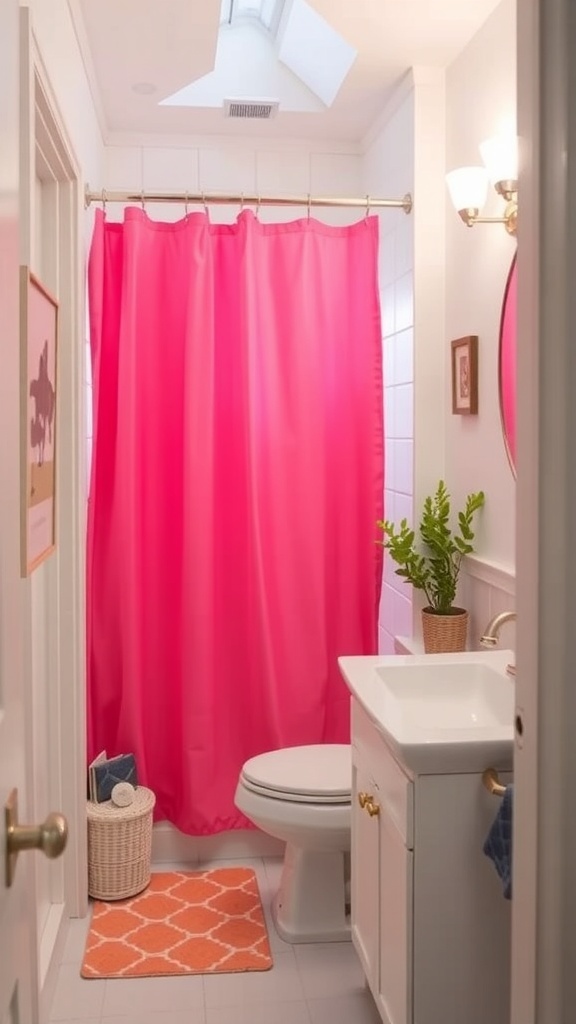 A bright pink shower curtain in a small bathroom, adding color and vibrancy to the space.
