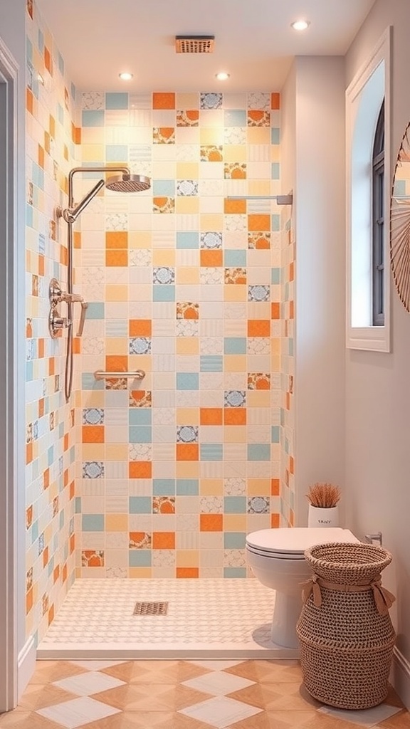 A colorful shower nook with patterned tiles in blue, orange, and white.