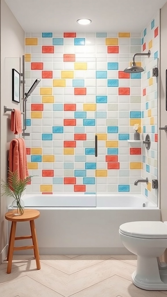 A bathroom with colorful shower tiles in red, blue, yellow, and pastel colors, featuring a glass shower door and a bathtub.