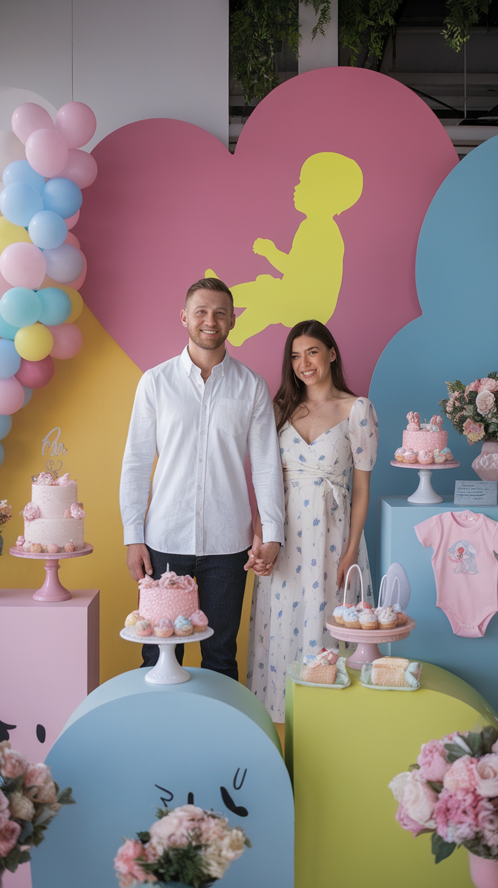 A couple celebrating a baby reveal with colorful decorations, cakes, and baby clothes.