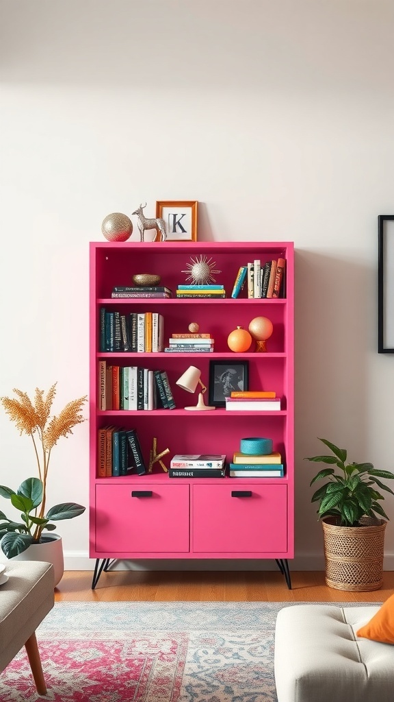 A vibrant pink small bookshelf filled with books and decorative items, accompanied by plants.