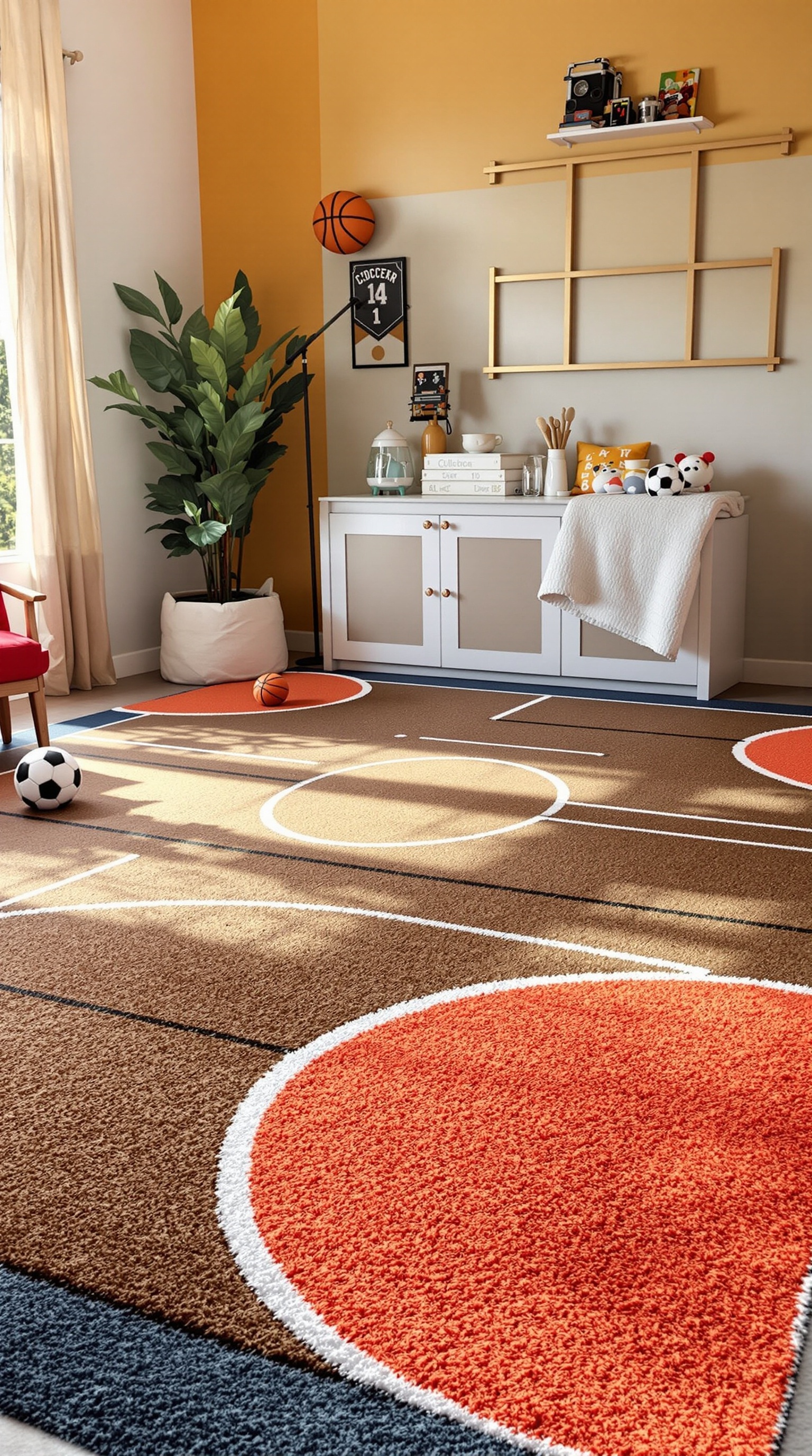 A colorful sports-themed area rug in a kid's bedroom, featuring basketball and soccer designs.