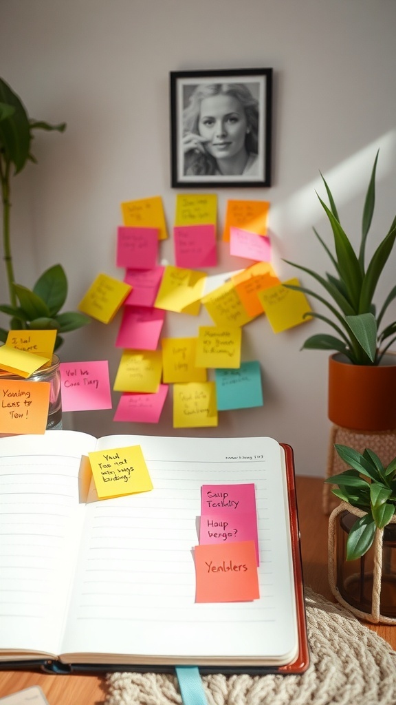 A workspace with colorful sticky notes on a wall and in a notebook, surrounded by plants.