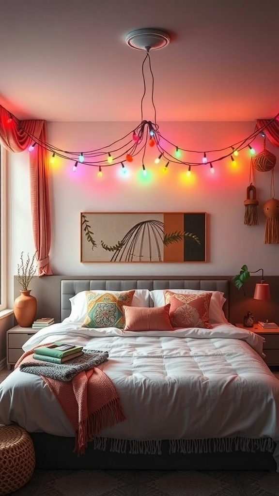A cozy boho teen bedroom featuring colorful string lights hanging above a bed with decorative pillows and a warm color scheme.