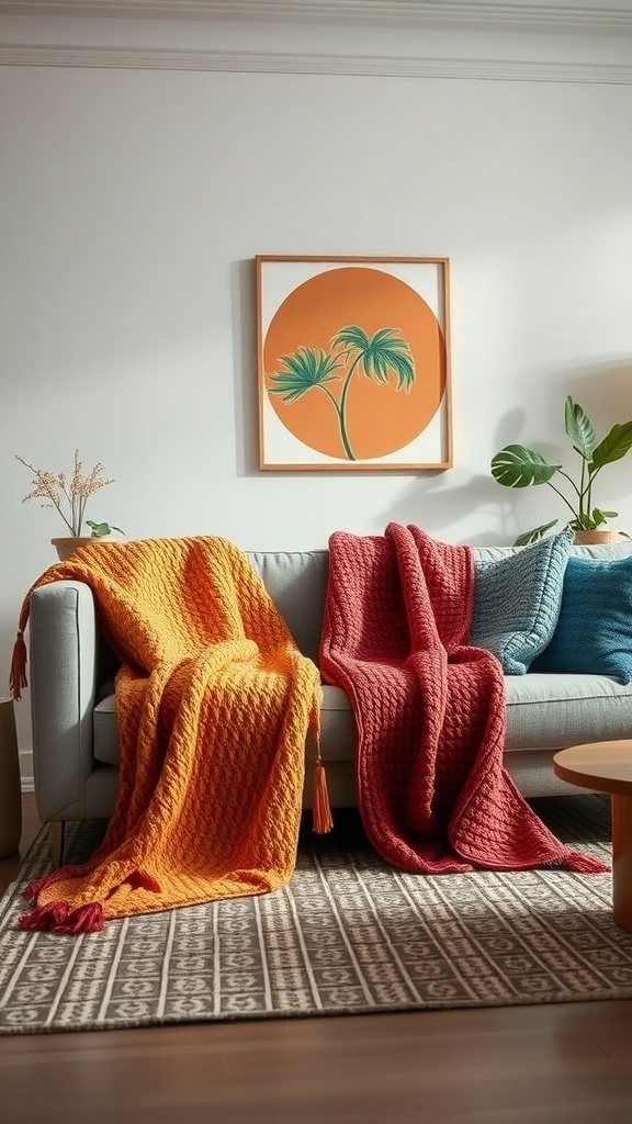 A cozy couch with colorful throw blankets in orange and red, complemented by blue cushions and a decorative wall art.