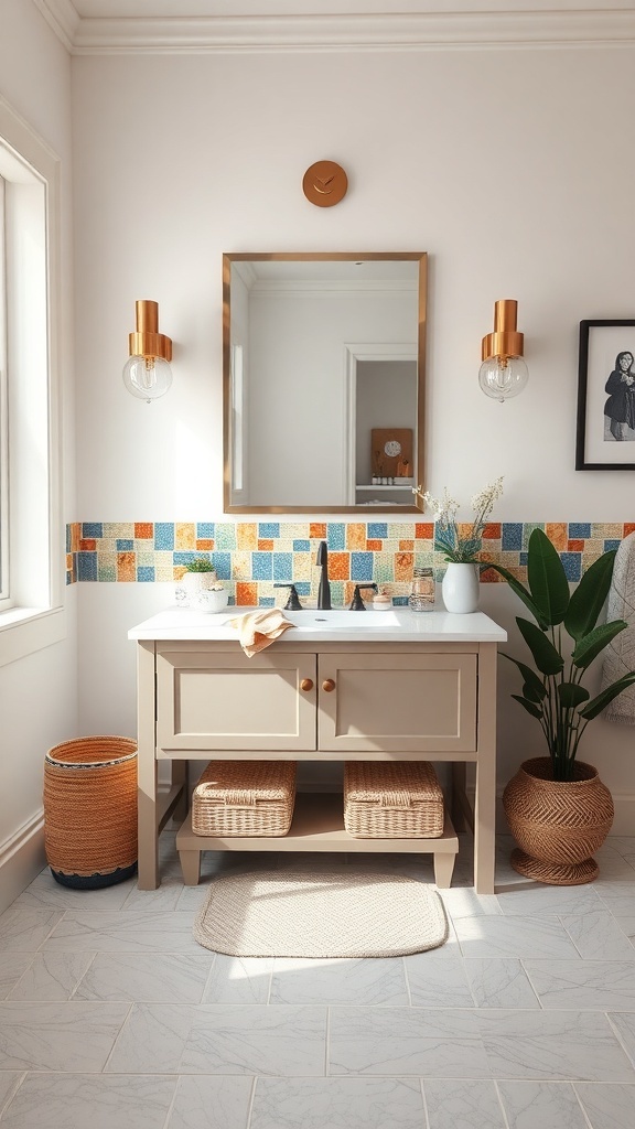 A bathroom vanity with colorful tile accents, featuring a mirror, light fixtures, and decorative plants.