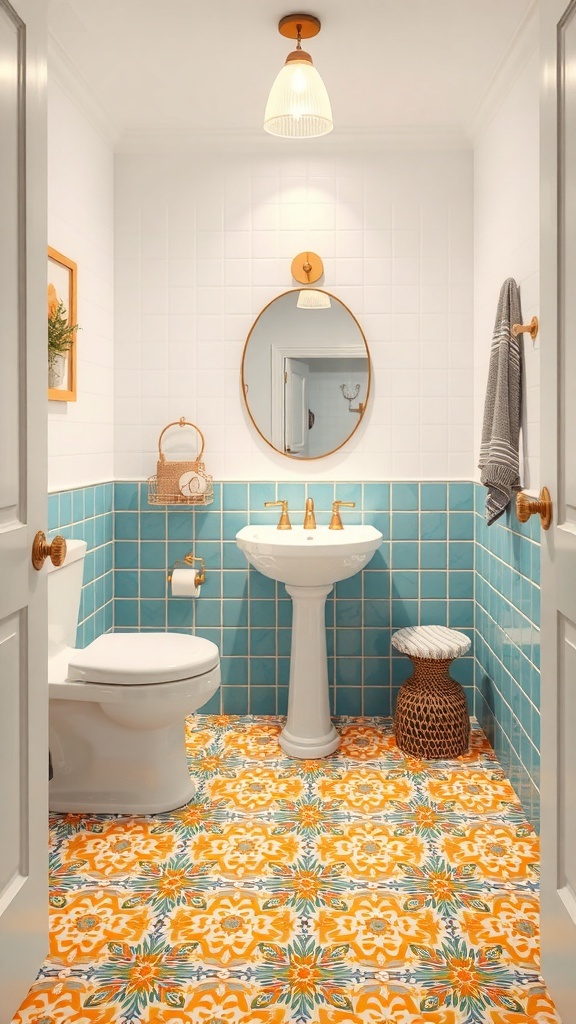A small powder room featuring colorful turquoise wall tiles and vibrant patterned floor tiles.