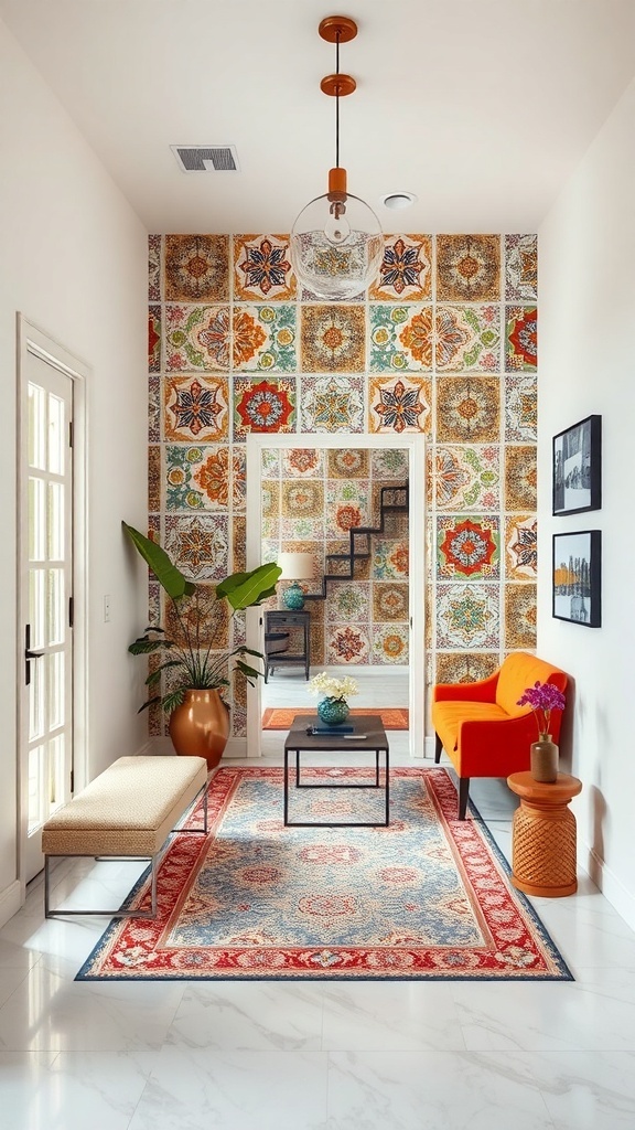Colorful tile mosaic accent wall in an entryway with modern decor