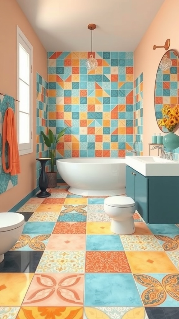 A colorful bathroom with vibrant tile patterns on the walls and floor, featuring shades of blue, orange, and yellow.